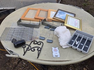 Lot of Household Items including Picture Frames, Wire Racks, and a Popsocket