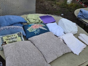 Lot of Throw Pillows and Bedding Items including Embroidered Pillow