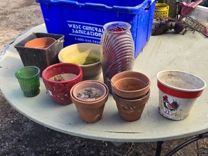Lot of Flower Pots and Planters including Glass Vase, Wooden Box, Ceramic Pots, and Metal Planter with Rooster Design