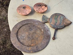 Fish-Shaped Weather Vane, Copper Discs, and Decorative Plate