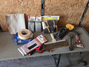 Lot of Painting and Building Tools including HFT Acid Shop Brushes, Linzer Foam Brush Set, and Norton Wallsand