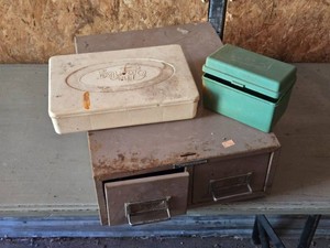 Vintage metal filing cabinet, plastic boxes