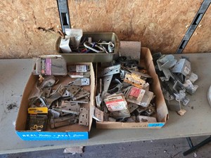 Lot of Assorted Hardware Items Including Hinges, Brackets, and Screws