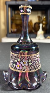 VINTAGE Fenton Art Glass Plum Carnival Hand-Painted Floral and Lattice Bell made for QVCs Museum Collection in 1995.