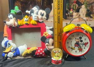 VINTAGE Disney lot of 3  Mickey clock, Mickey snow globe, Mickey and friends picture frameClock is untested