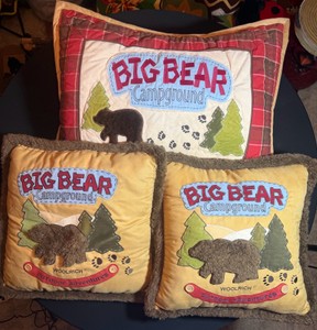 Big Bear Campground Woolrich Pillow lot of 3  outdoor adventures pillowsThe 2 small ones are stuffed and the larger is a pillow case - 1 of the pillows has a couple small stains