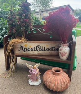 Adorable Decor lot of 7  Angel Collector, small wooden bench, 2 vases, red blooms, tandem tiny tree, Angel figurine