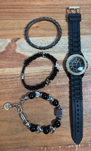 Costume Jewelry lot of 4 Black themed  1 watch & 3 bracelets