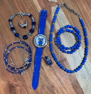 Costume Jewelry lot of 11 Blue themed  1 watch, 1 ring, 1 pendantpin, 7 bracelets