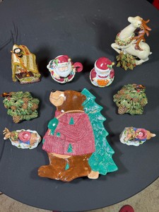 Christmas decor lot of 9 figures mix Bear platter, 2 deer candle holders, 2 Christmas tree night light (no light),tea light house, ms clause sugar bowl and Santa creamer, deer figure