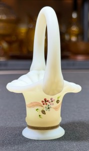 VINTAGE Fenton Ivory Satin 4 Hand Painted Mini Art Glass Basket signed