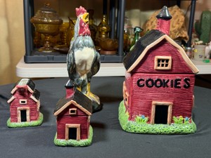 4 Piece Country Farm House ceramic LotCookie jarCreamerSugar bowlRooster figureSigns of crazing in rooster figure