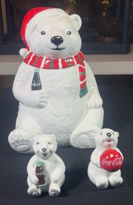 Lot of 3 Coca-Cola Bears Salt & Pepper , Cookie jarCookie jars head has damage & repaired you can tell the damage in the head was glued put back together