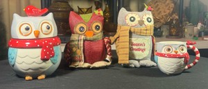 Lot of 4 Owl mix cookie jar, mug, (x2) 9-inch Dan Dee fabric Christmas owl decorationsCookie jar and mug have crazing, discoloring and look to be a matching set