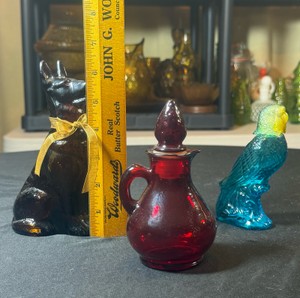 Lot of 3 Avon PerfumeCologne decanters bottles empty dog, bird, red bottlered bottle has a chip