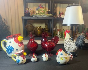 Lot of 8 Rooster themed house hold items2 red glass candles dishesSalt & pepper Pitcher, creamer jar, sugar bowl Metal Lamp does not work and missing bottom base