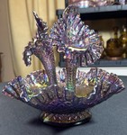 VINTAGE Fenton Art Glass iridescent purple carnival glass 3-horn epergne with a diamond lattice design and ruffled edges