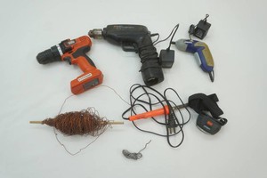 cordless screw drivers, copper wire, solder pencil, headlamp