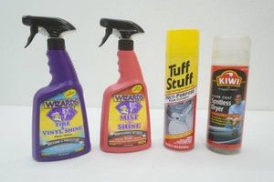 Wizards Mist-n-shine and Tire and Vinyl Shine full bottles, Tuff Stuff foam cleaner full, KIWI Clear Coat  Dryer