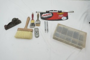 18 squeegee, paint brushes, organizer full of fasteners