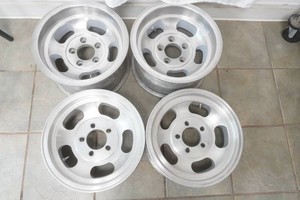 set of 4 vintage aluminum slot mag wheels maybe Fenton Gyro 2 are 14 x 6 and 2 are 14 x 8 with a 5 bolt 4 12 on center bolt pattern