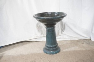 dark teal glazed ceramic 2 piece bird bath 26 tall x 21 diameter