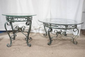 vintage green wrought iron accent table featuring an ornate scrolled base and round glass top and matching coffee table 24 x 21 and 36 x 16