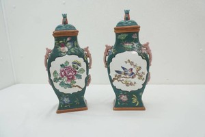 2 matching Chinese Republican hand painted porcelain lidded square body vases 15 tall