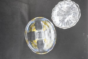 vintage Walter Glas Capri divided serving dish with yellow and blue floral motifs, small stemmed glas serving dish