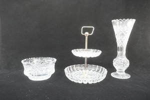 2 ornate cut glass candy dishes and 1 cut glass lead crystal bud vase