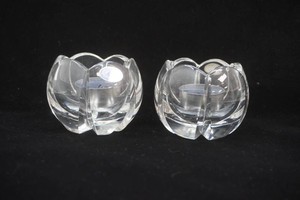 2 vintage Torben Jorgensen crystal lotus flower tealight or votive candle holders designed for Royal CopenhagenHolmegaard