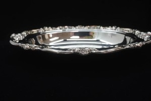 vintage Lunt oval serving tray or bread tray featuring an ornate, embossed floral scroll Eloquence pattern with lid