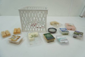 square metal basket with scented wax candle cubes of assorted scents