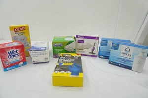 2 NIP Britta filter kits, Swiffer dry cloths, face masks, wet ones, trash bags, disposable gloves