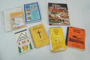 group of recipe books including from Albion Lutheran Church St James, Dawson Centennial, Clarkfield Lutheran Church
