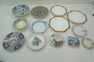 variety of Fancey plates Royal Crown Derby, Lefton China, Rudolstadt bowl, and others
