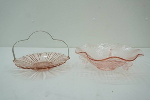 2 pink vintage depression glass 3 footed bowl with the Jubilee pattern, vintage pink depression glass shallow candy or nut dish in the old cafe design with removable metal bail