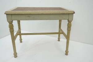 vintage wooden accent table with woven caned top and turned legs 14 x 18 x 22