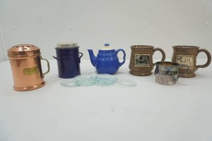 2 stoneware mugs, copper cheese shaker, ceramic pot, silverplate cup, group of glass bobeches