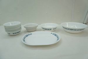 4 small Sterilite bowls, 2 large Corelle serving bowls, serving platter, 10 small bowls