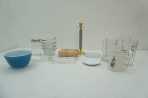 variety of glassware including mugs, butter trays, 4 custard cups and more
