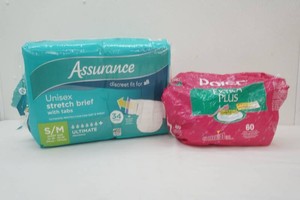 partial bag of Poise Pads (8), full unopened bag of Assurance Unisex Stretch Brief with tabs (34)