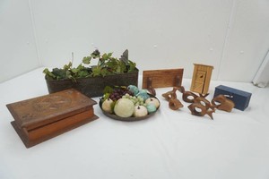 planter with artificial grape vine, fall decor platter, wooden napkin holders, wood book box and more
