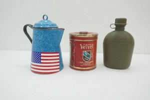 blue enamel coffee pot, vintage Velvet Tabacco Tin, military canteen
