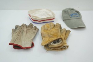 2 pair used leather gloves, Bayfest ball cap, vintage white bucket hat with red and blue stripes