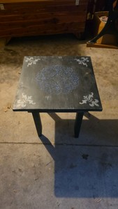 Black Painted End Table with Blue and White Stenciled Design