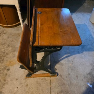 Vintage School Desk with Wood Seat, Metal Frame and Inkwell Opening