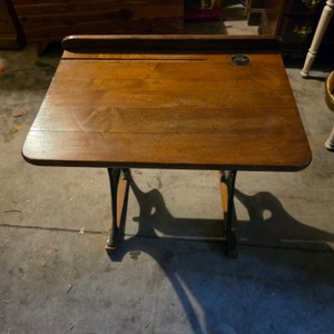 Vintage School Desk with Wood Seat, Metal Frame and Inkwell Opening