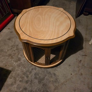 Vintage Round Wood Side Table Cabinet with Woven Mesh Door