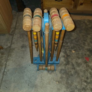 Vintage Croquet Set with Wood Mallets, Balls & Metal Carrying Rack